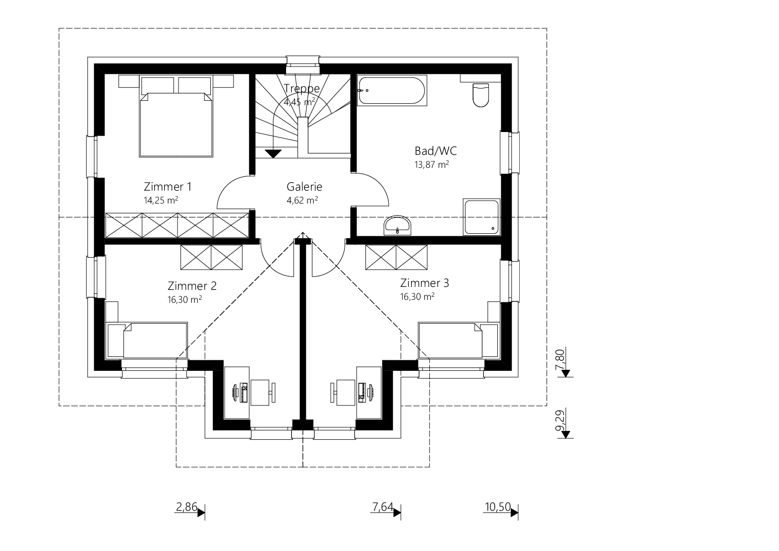 Grundriss Obergeschoß Ziegelmassiv Fertighaus von Malli mit 140 m2 und Satteldach.