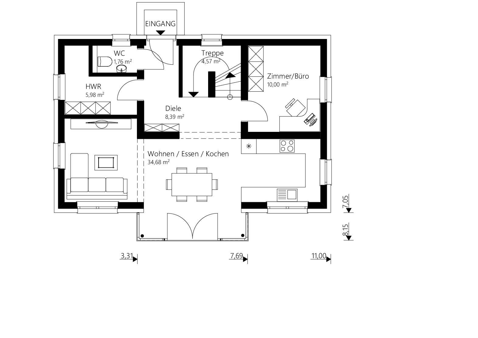 Grundriss Erdgeschoß Ziegelmassiv Fertighaus von Malli mit 129 m2 und Satteldach.