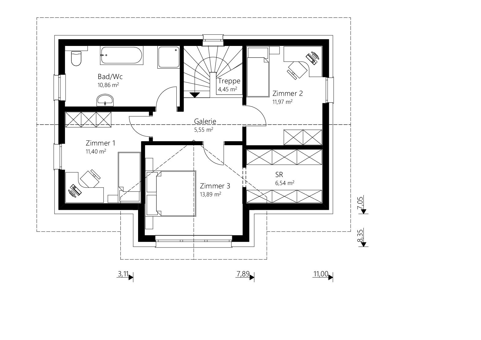 Grundriss Obergeschoß Ziegelmassiv Fertighaus von Malli mit 129 m2 und Satteldach.