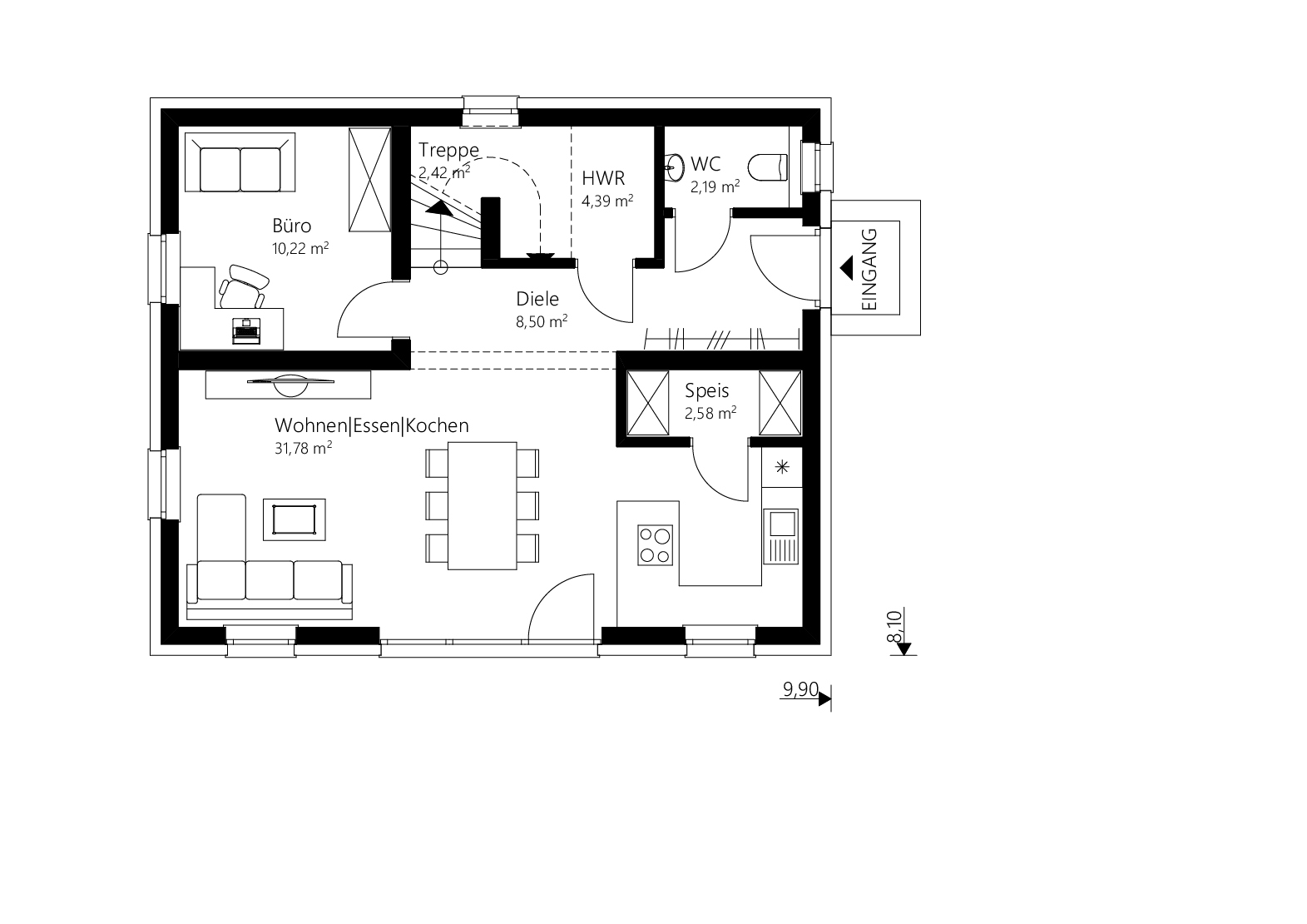 Grundriss Erdgeschoß Ziegelmassiv Fertighaus von Malli mit 125 m2 und Satteldach.