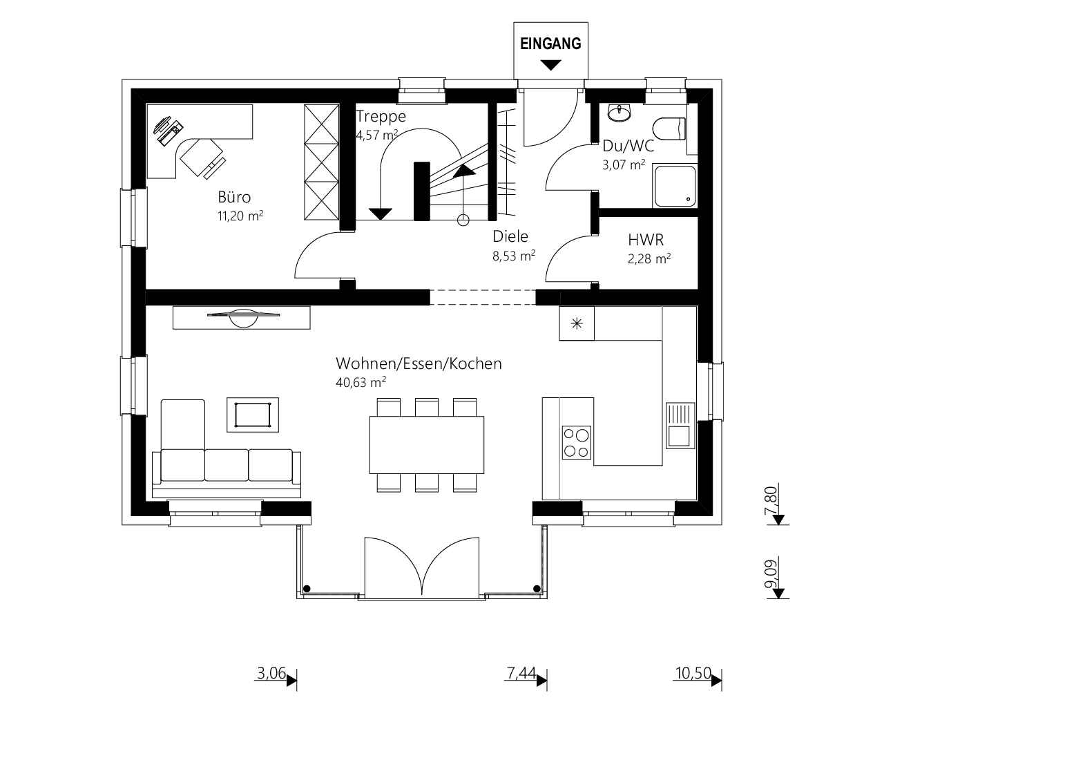 Grundriss Erdgeschoß Ziegelmassiv Fertighaus von Malli mit 140 m2 und Satteldach.