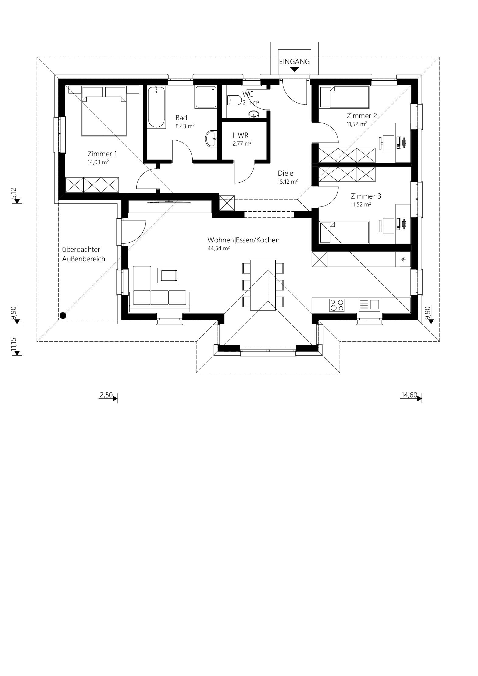 Grundriss Erdgeschoß Ziegelmassiv Fertighaus von Malli mit 110 m2 und Walmdach.